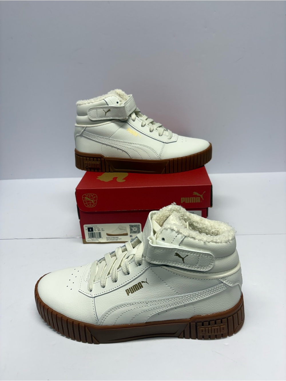 Puma White High-Top Sneakers with Brown Gum Sole